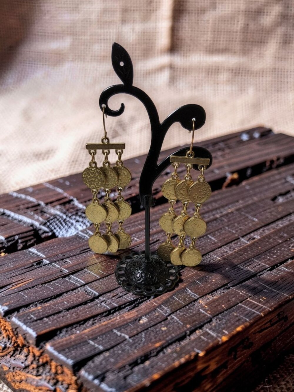 vintage hammered brass style coinage three row metal dangle earrings